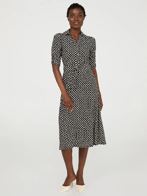 Geo Print Button-Front Midi Dress With Pockets