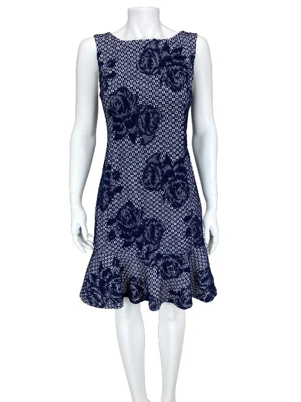 Betsey Johnson, Women's Jacquard Flounce Dress, Navy/Cream, Size 4