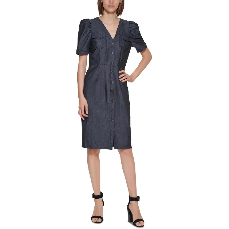 Petites Womens Woven Puff Sleeves Shirtdress