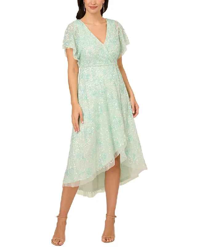 Adrianna Papell Beaded Mesh Flutter Sleeve Wrap Dress