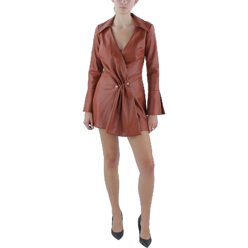 Mari Womens Faux Leather Short Shirtdress