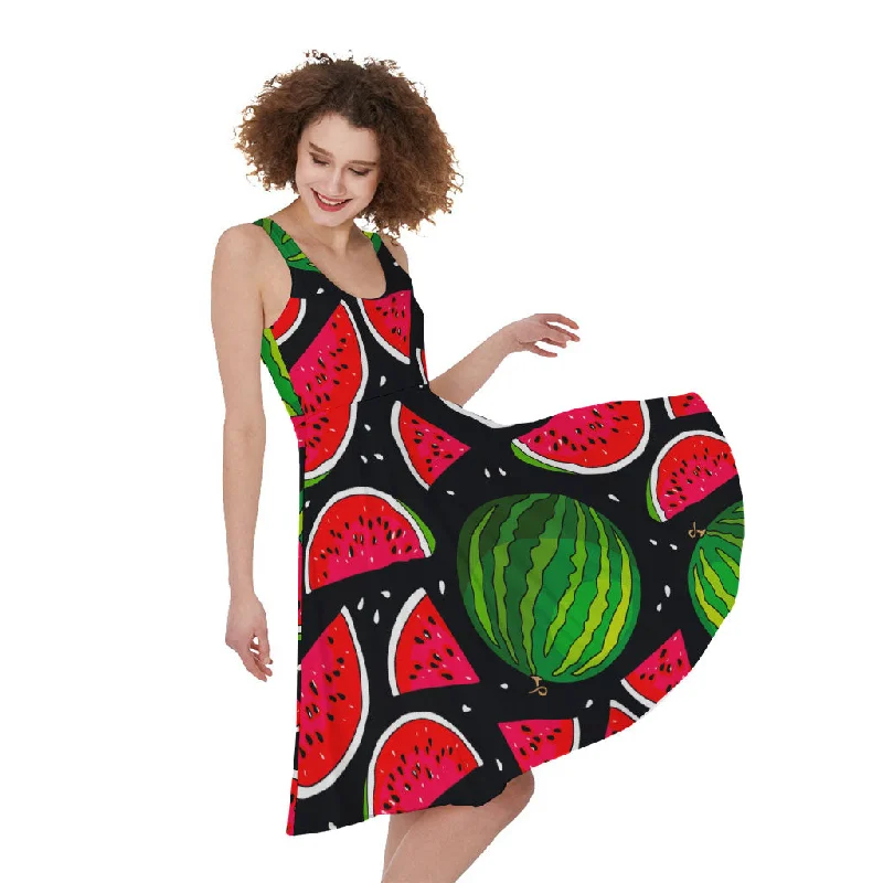 Black Watermelon Pieces Pattern Print Sleeveless Knee Length Dress