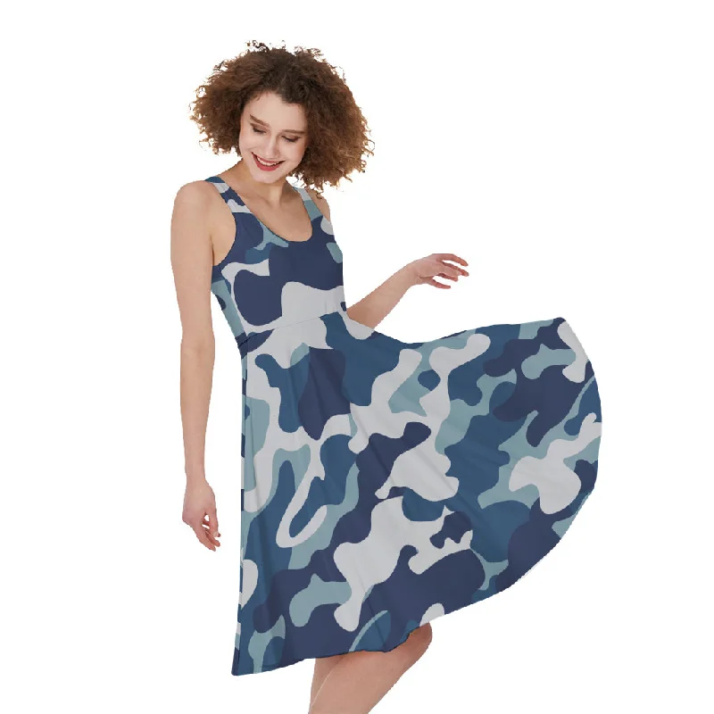 Blue And White Camouflage Print Sleeveless Knee Length Dress