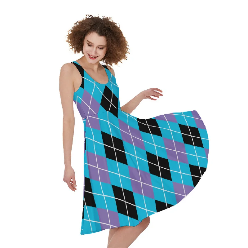 Blue Black And Purple Argyle Print Sleeveless Knee Length Dress