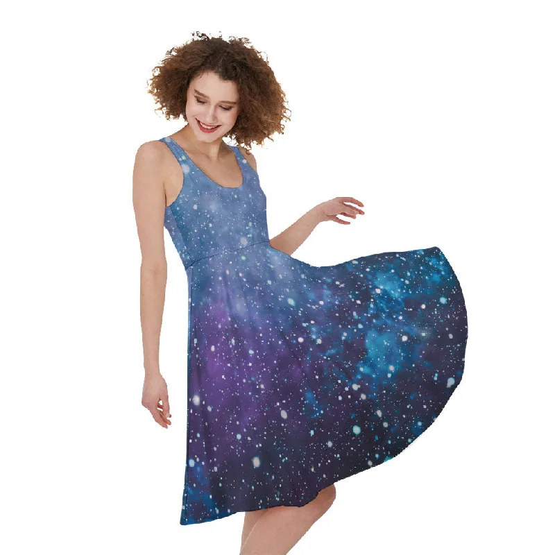 Blue Cloud Starfield Galaxy Space Print Sleeveless Knee Length Dress