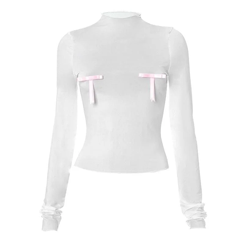 Bowknot contrast high neck long sleeve ruffle top