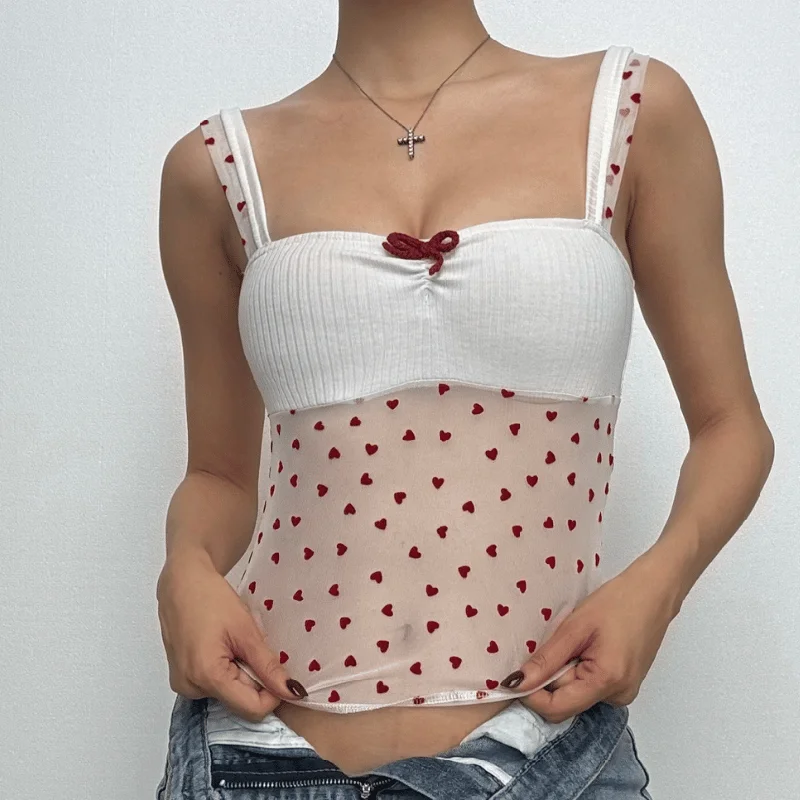 Bowknot ribbed heart pattern mesh cami top