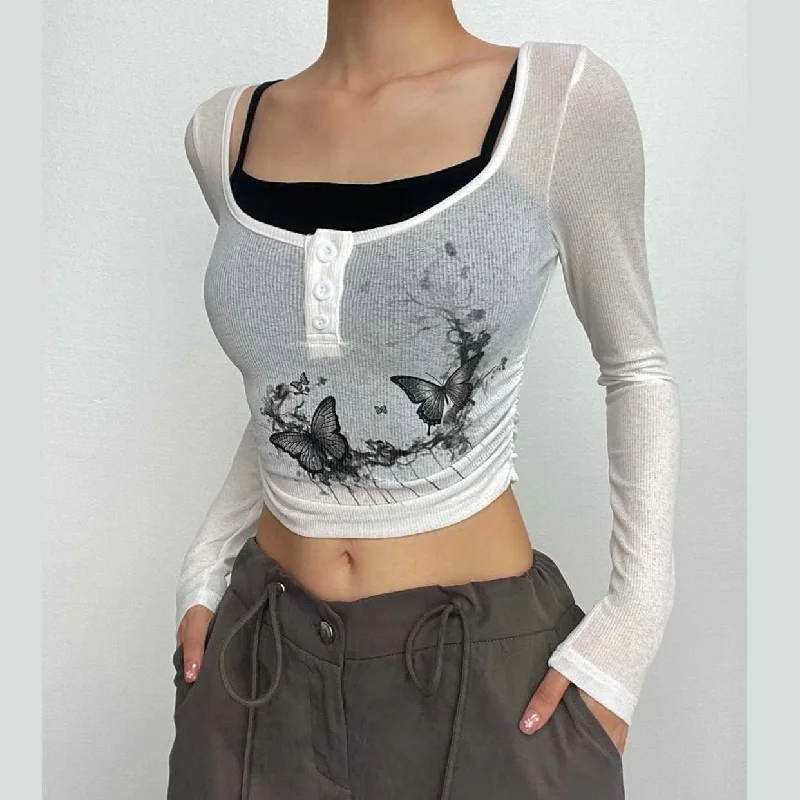 Butterfly pattern long sleeve button contrast 2 piece crop top