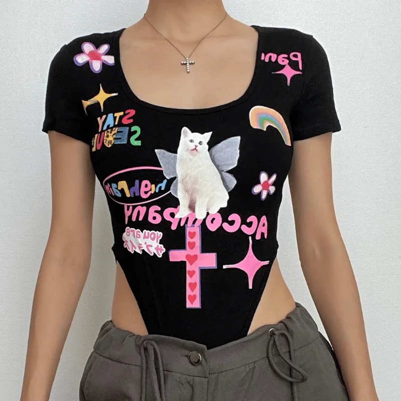 Cat pattern contrast short sleeve u neck hollow out bodysuit