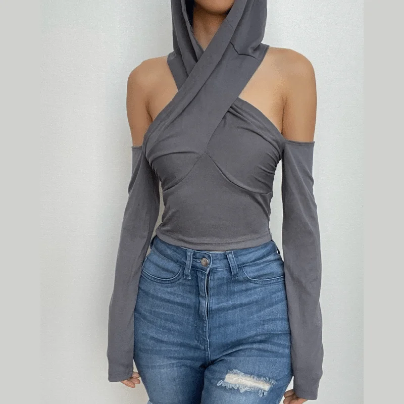 Cross front hoodie sleeveless gloves backless crop top