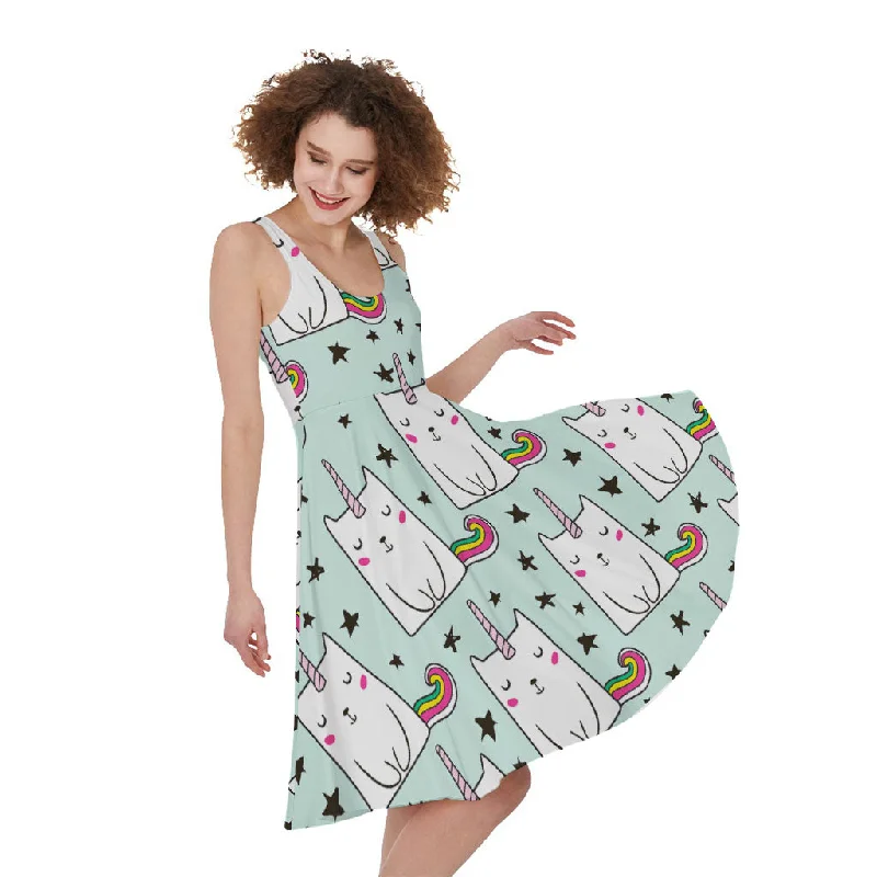 Cute Unicorn Cat Pattern Print Sleeveless Knee Length Dress