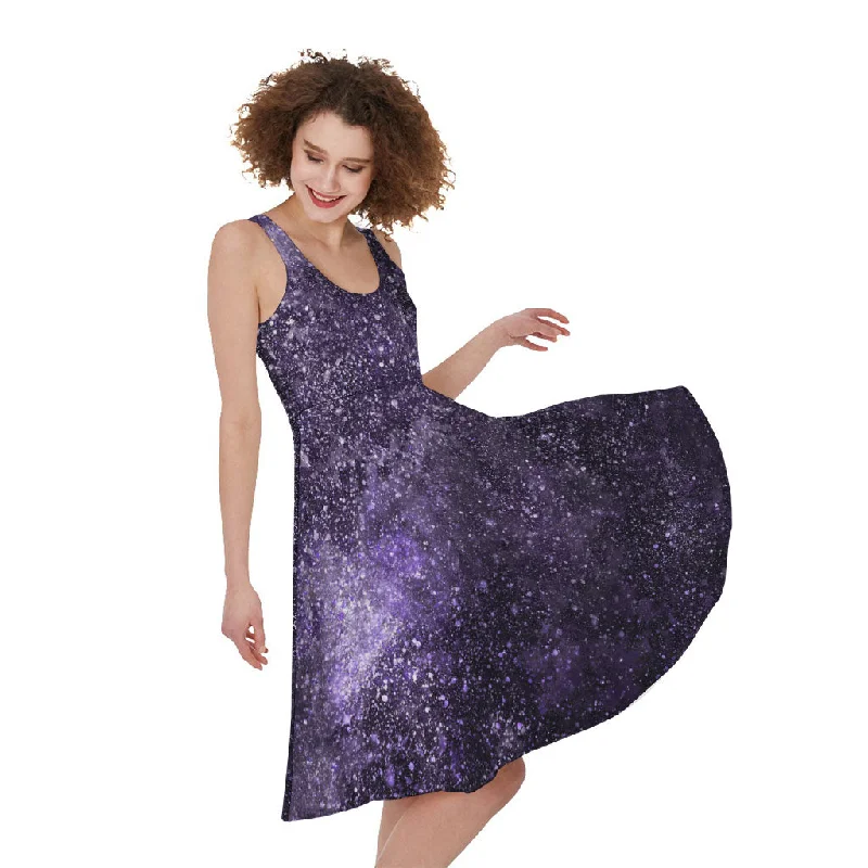 Dark Purple Cosmos Galaxy Space Print Sleeveless Knee Length Dress