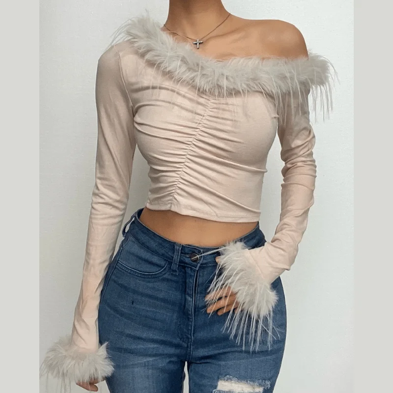 Feather irregular long sleeve ruched off shoulder crop top