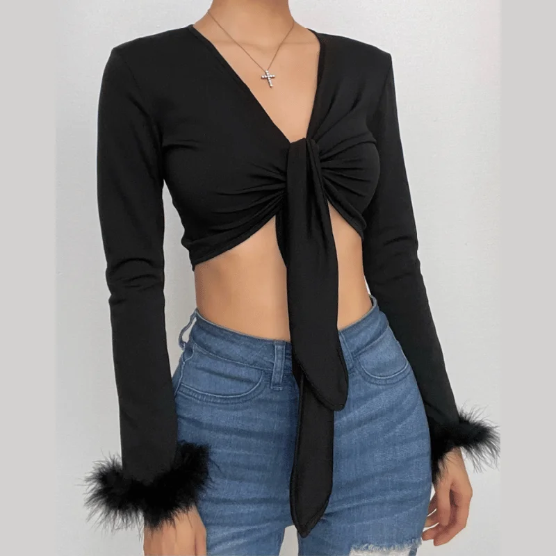 Feather knotted mesh see through long sleeve crop top