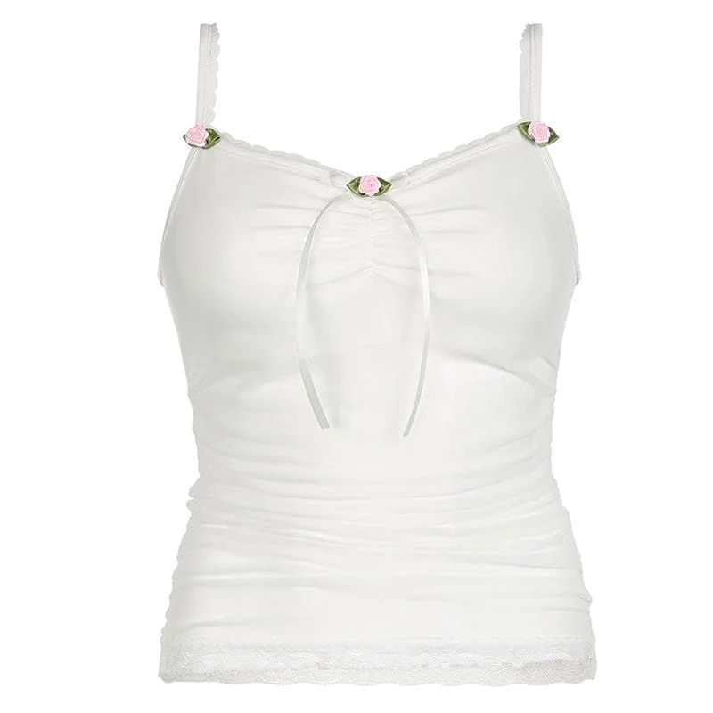 Flower applique ribbon ruched lace hem cami top