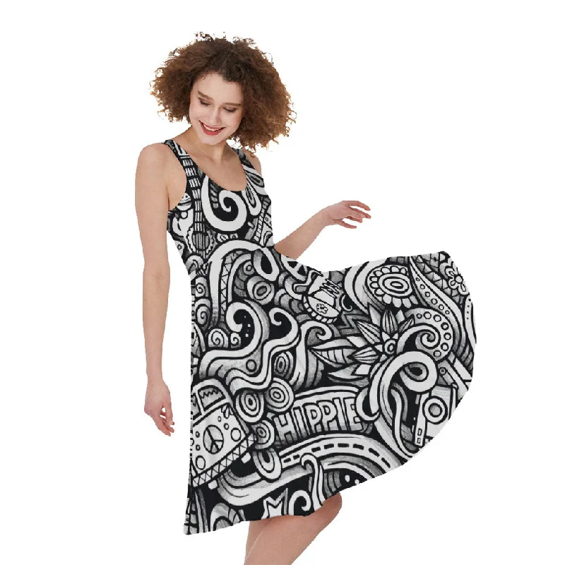 Graffiti Surfing Pattern Print Sleeveless Knee Length Dress