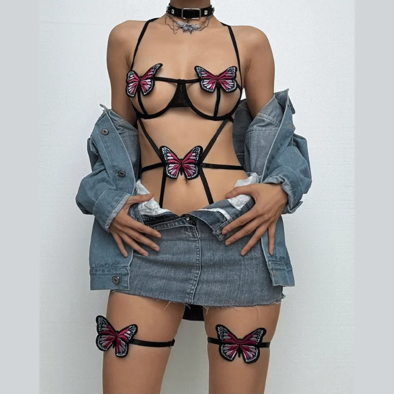 Halter butterfly pattern hollow out strappy bodysuit set