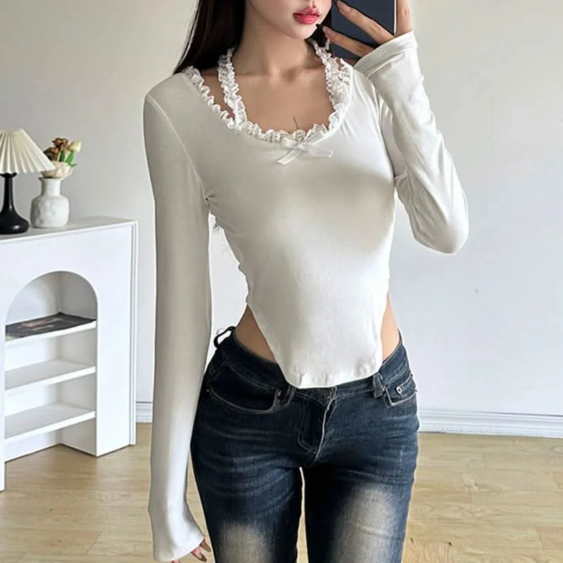 Halter long sleeve bowknot lace hem top