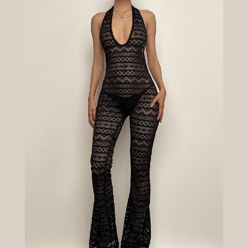 Halter low cut hollow out see through backless jumpsuit