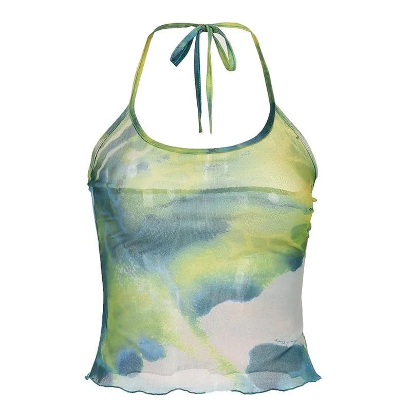 Halter sheer mesh tie dye backless top