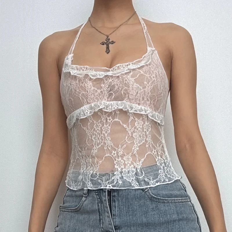 Halter u neck lace hem ruffle top