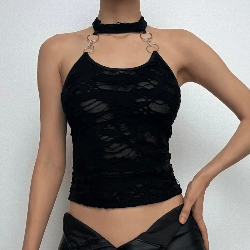 Halter u neck o ring hollow out see through cut out top