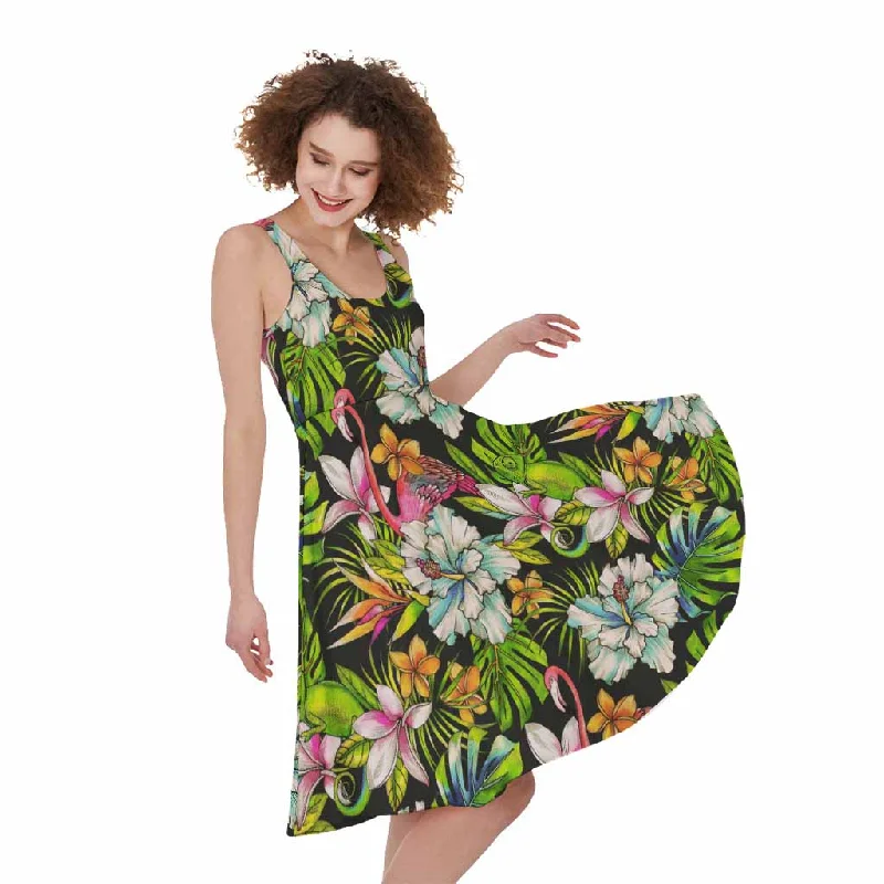 Hawaiian Aloha Tropical Pattern Print Sleeveless Knee Length Dress