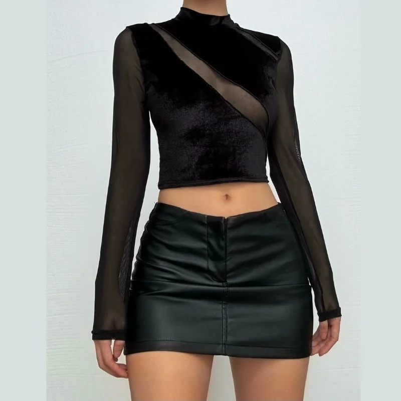 High neck mesh velvet patchwork long sleeve crop top