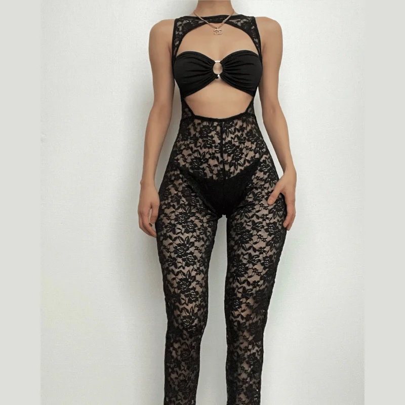 Hollow out lace solid sleeveless o ring tube jumpsuit