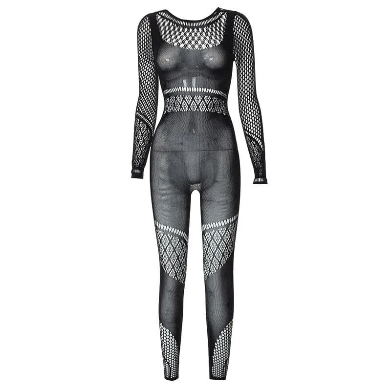 Hollow out solid fishnet long sleeve jumpsuit