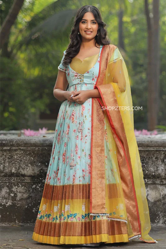 Iris Floral Silk Anarkali Dress