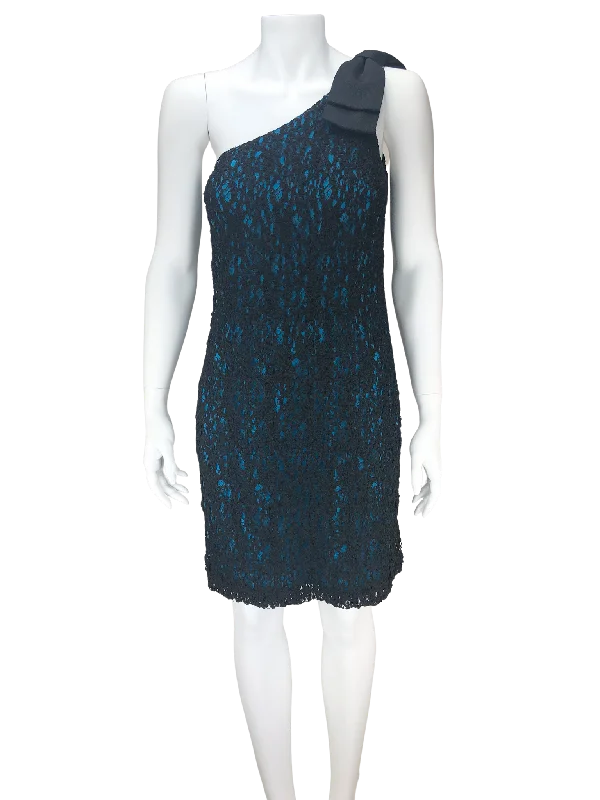 Jay Godfrey, Women's One-Shoulder Lace Dress, Black/Teal, Size 8