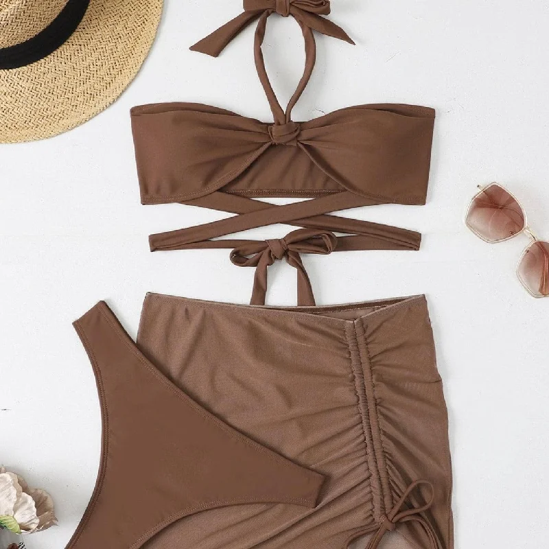 Knotted cross tie 3 piece bikini set