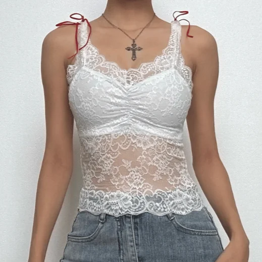 Lace bowknot ruched patchwork cami top