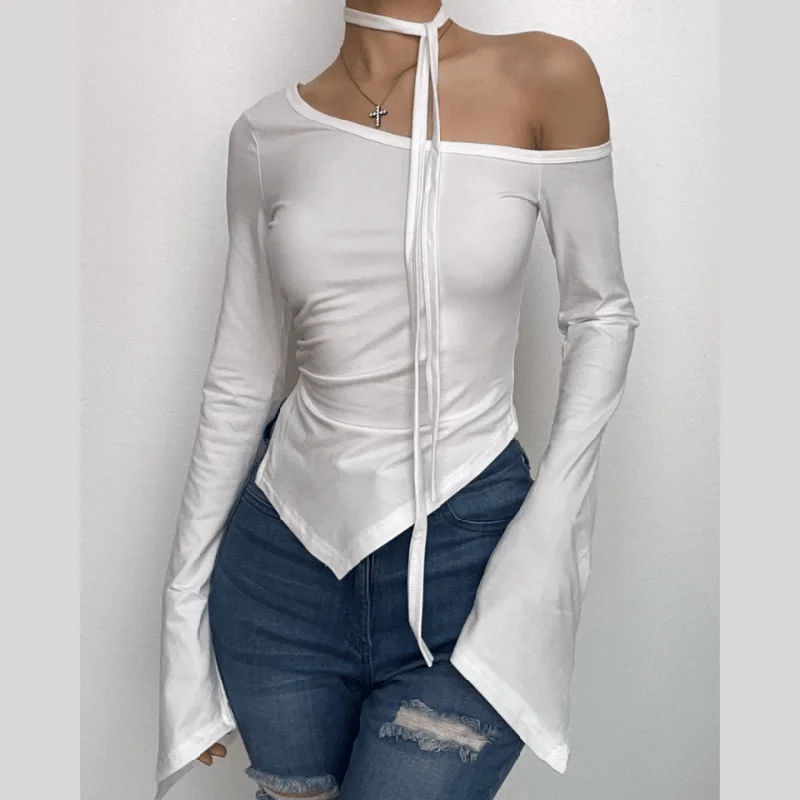 Long flared sleeve off shoulder ruched irregular top