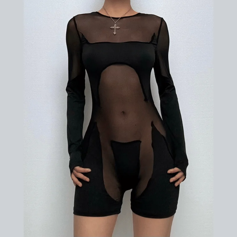 Long sleeve crewneck mesh patchwork zip-up romper