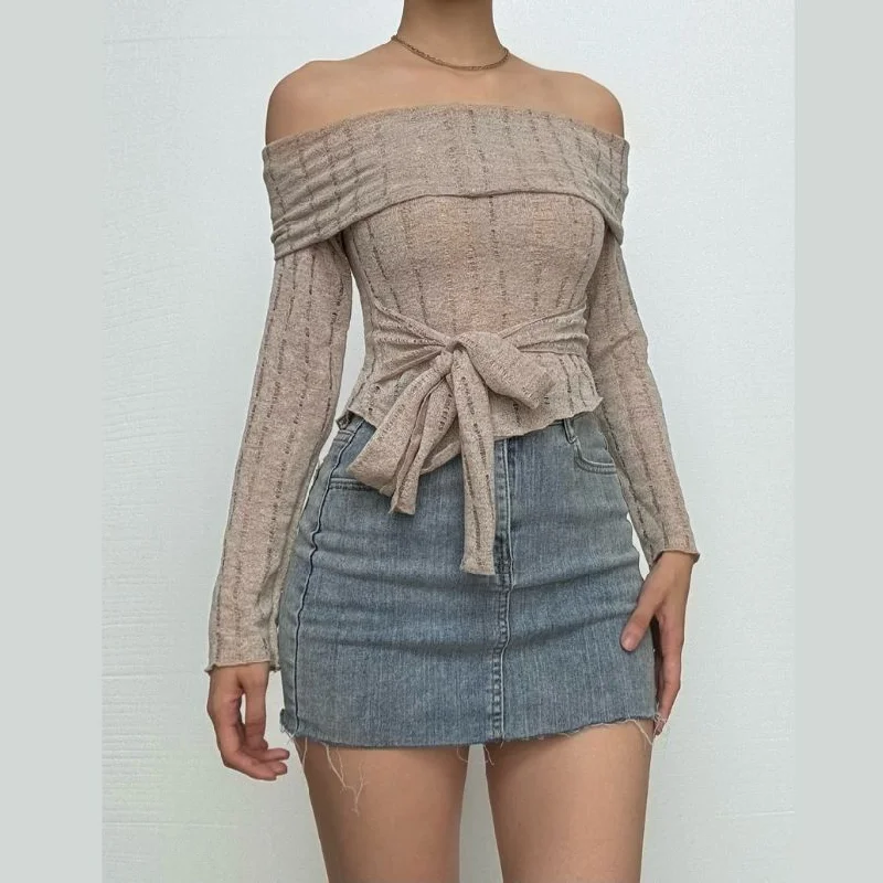 Long sleeve odd shoulder knotted knitted top