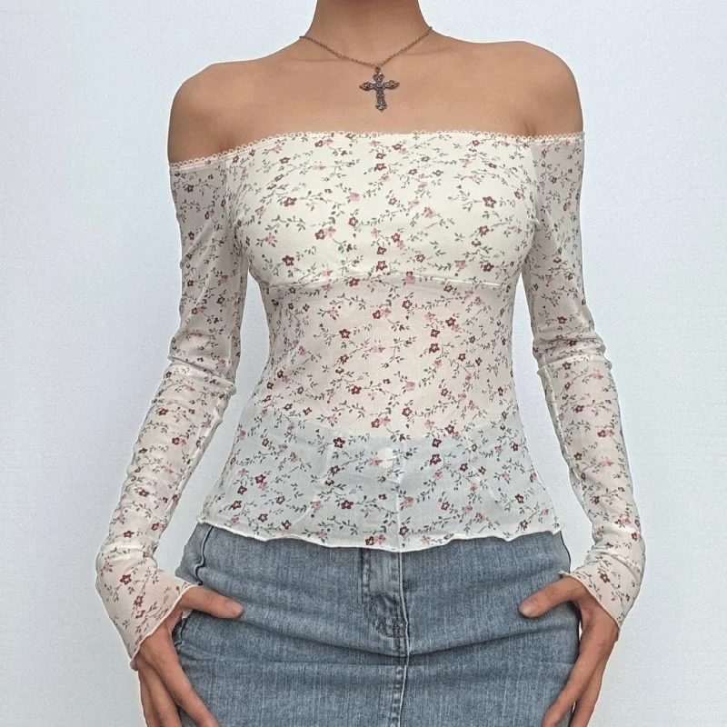 Long sleeve off shoulder print ruffle lace hem top