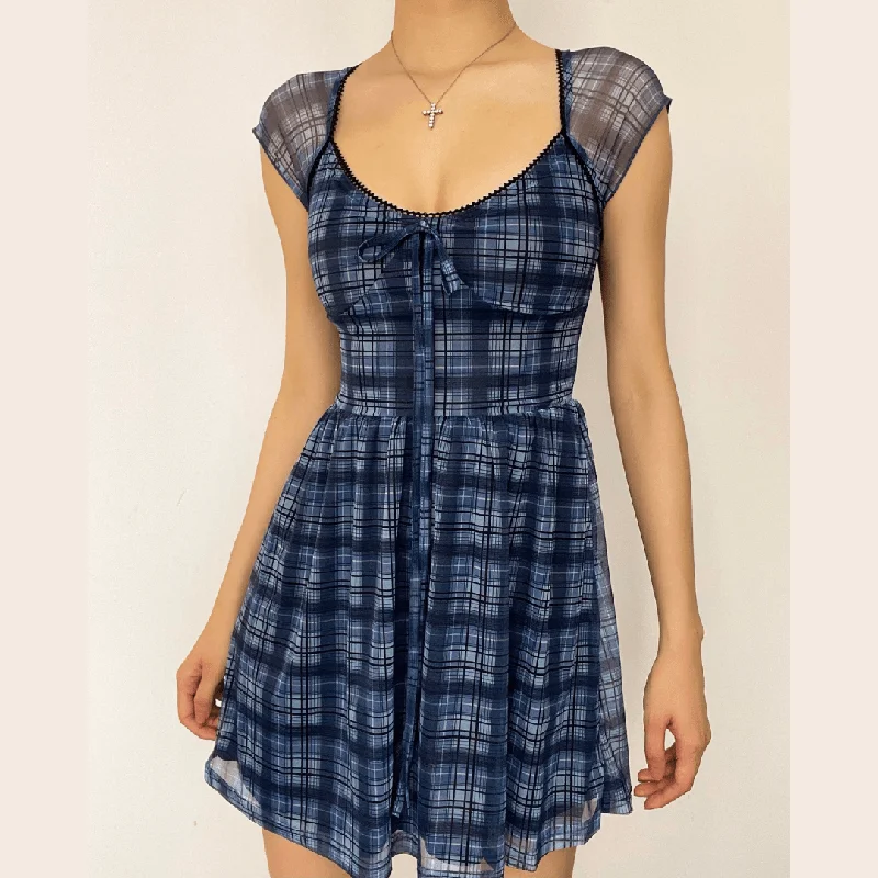 Mesh short sleeve plaid A line ruffled dress