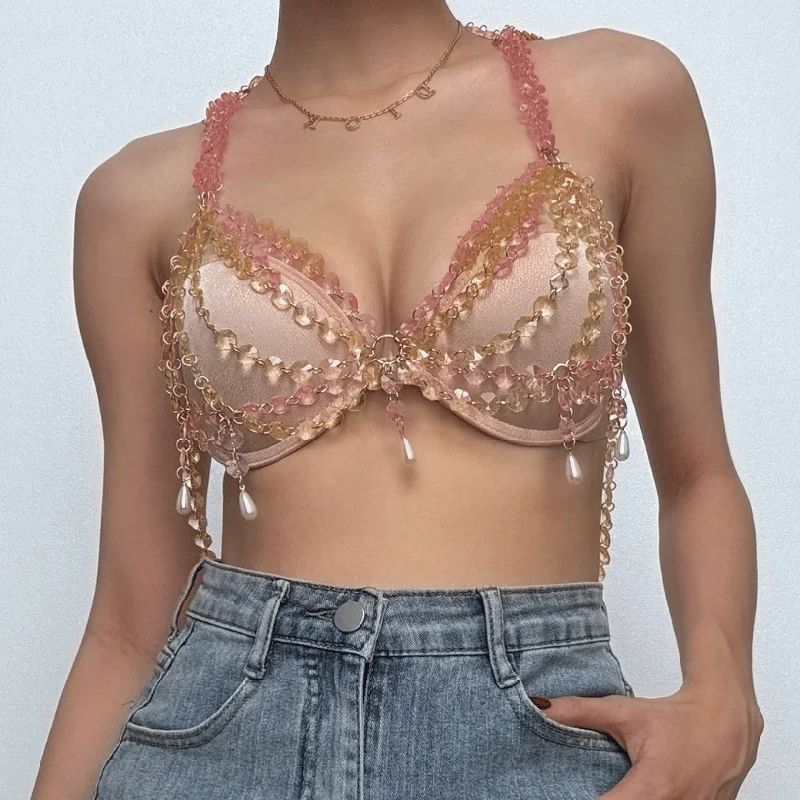 Metal chain beaded faux pearl cross backless bralette top