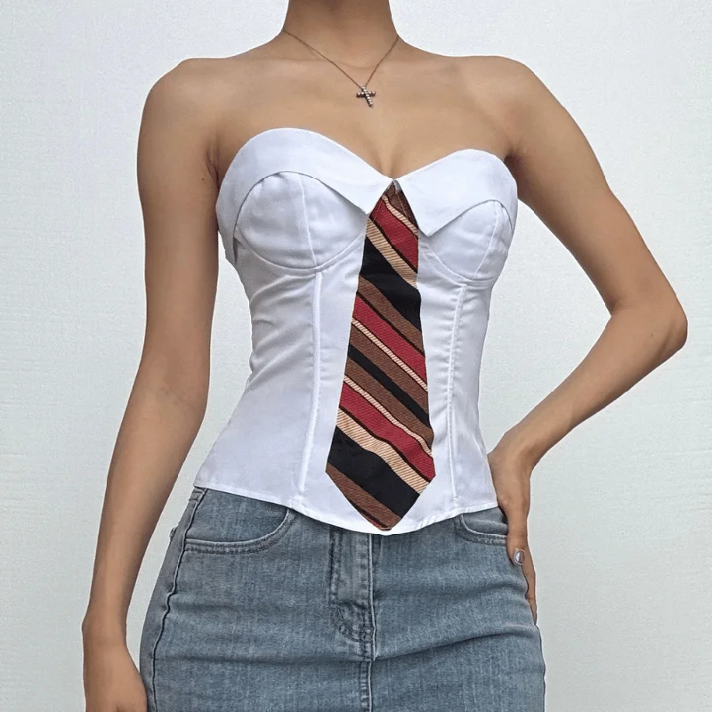 Necktie pattern contrast sweetheart neck lace up tube crop top