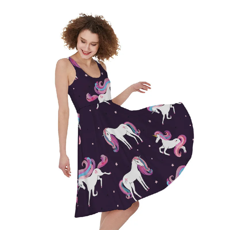 Night Girly Unicorn Pattern Print Sleeveless Knee Length Dress