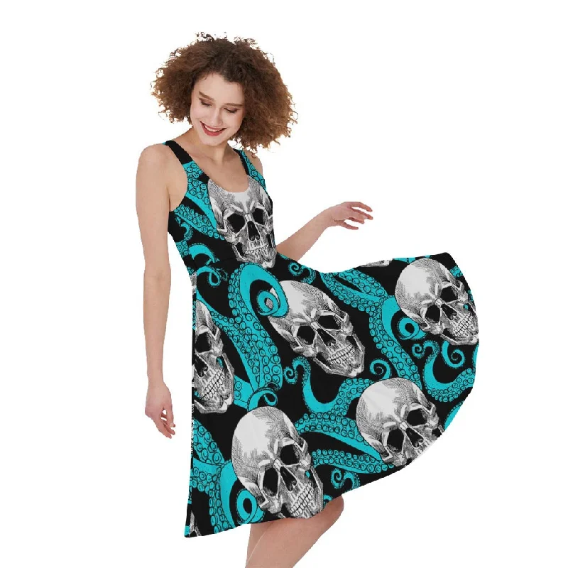 Octopus Tentacles Skull Pattern Print Sleeveless Knee Length Dress