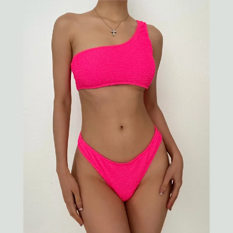 One shoulder textured irregular solid bikini swimwear