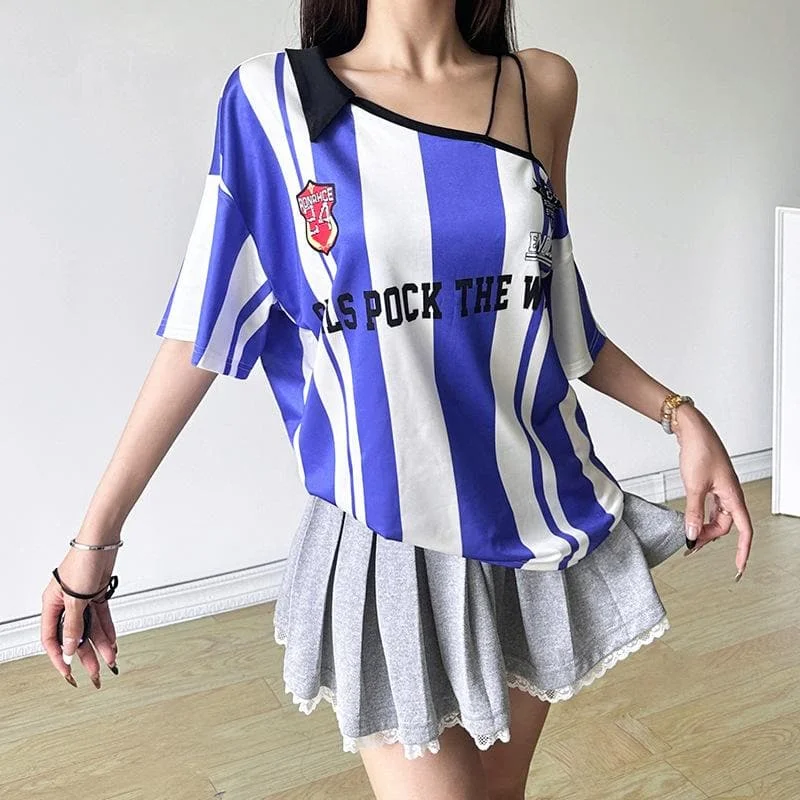 Off shoulder striped print letter print top