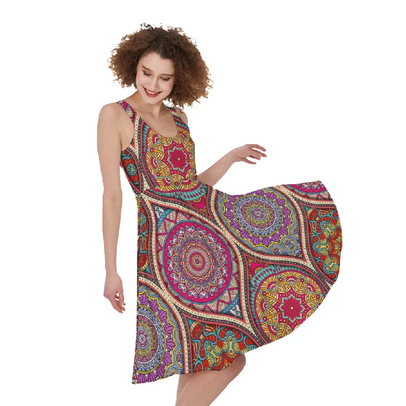 Oval Bohemian Mandala Patchwork Print Sleeveless Knee Length Dress