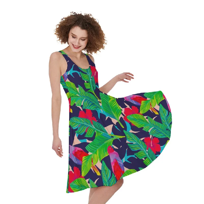 Parrot Banana Leaf Hawaii Pattern Print Sleeveless Knee Length Dress