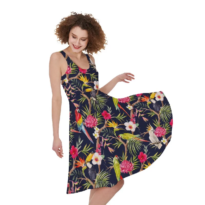 Parrot Toucan Tropical Pattern Print Sleeveless Knee Length Dress