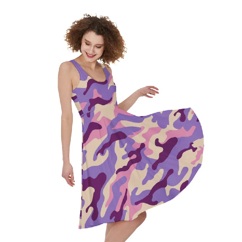 Pastel Purple Camouflage Print Sleeveless Knee Length Dress