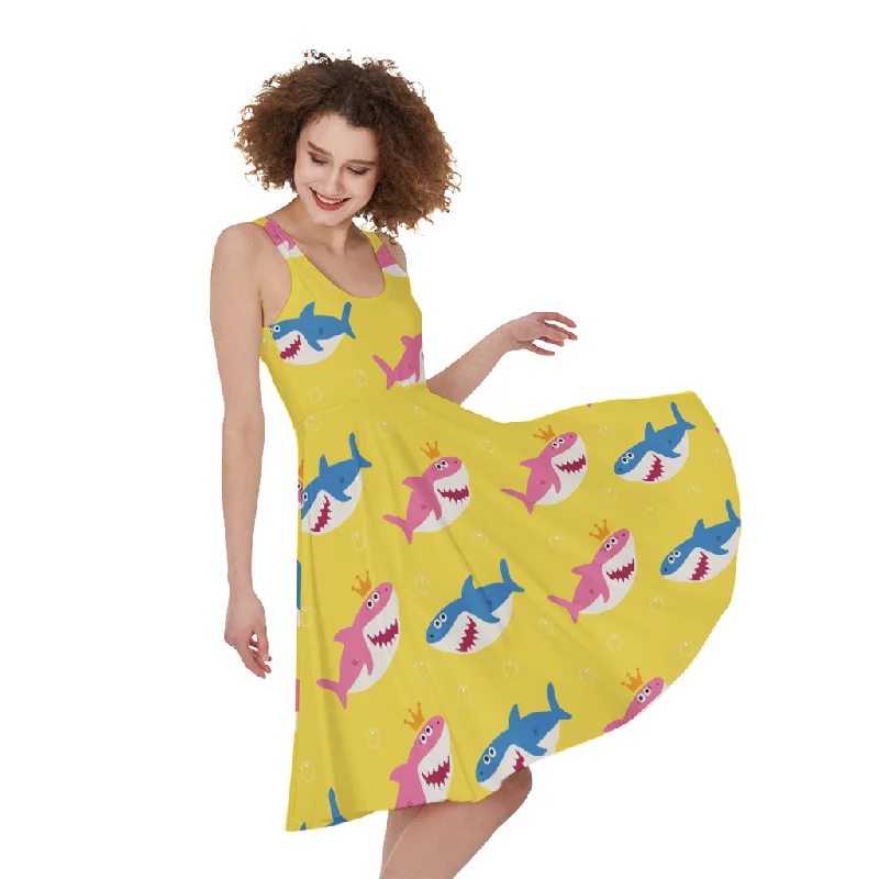 Pink And Blue Shark Pattern Print Sleeveless Knee Length Dress